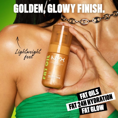 A woman holds a bottle of NYX face oil on her shoulder with a green background and bold text highlighting benefits.