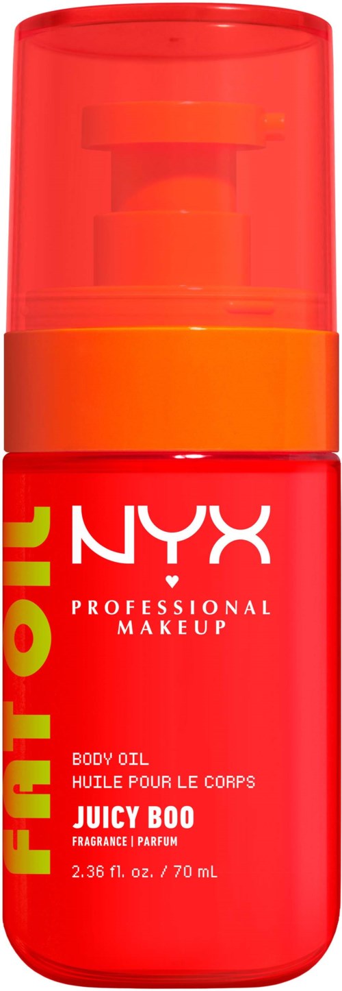 Eine rote Flasche mit Pumpe, gekennzeichnet NYX professionelles Make-up Körperöl Juicy Boo, mit gelbem und weißem Text.