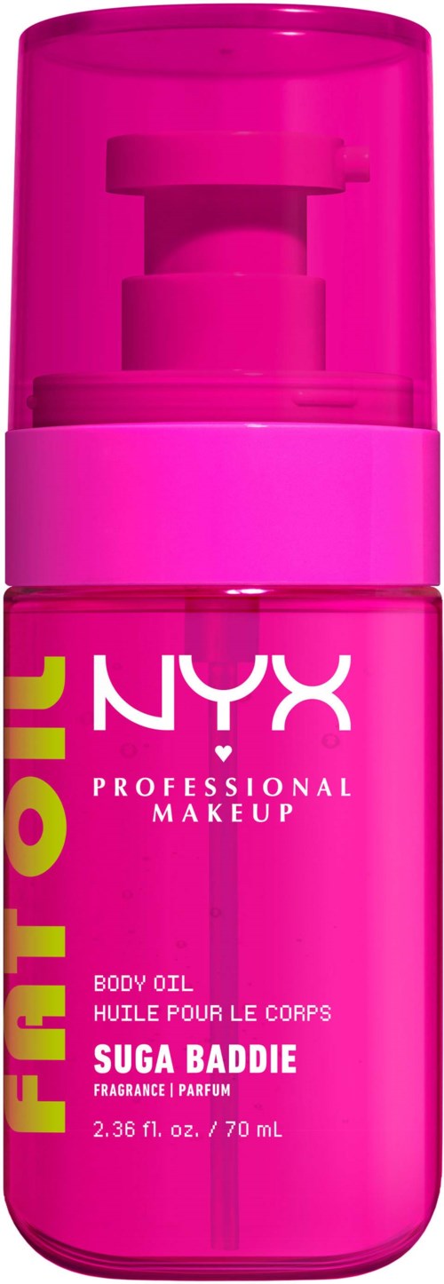 A pink bottle of NYX body oil named Suga Baddie with a pump top.