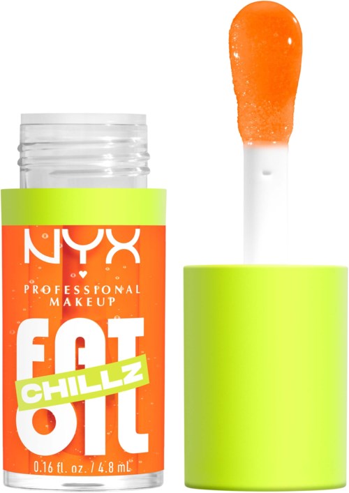 Ein Lipglossbehälter mit orangefarbenem Applikator und grünem Deckel, beschriftet "FAT OIL CHILLZ" für Make-up.
