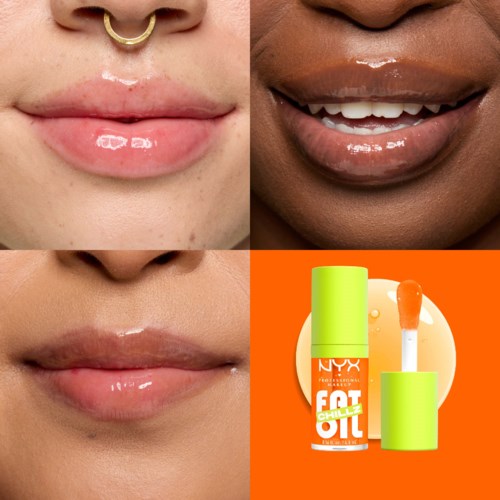 Lippen Gloss verleiht den Lippen einen glänzenden Look auf verschiedenen Hauttönen. Das untere rechte zeigt ein Lipgloss-Produkt.