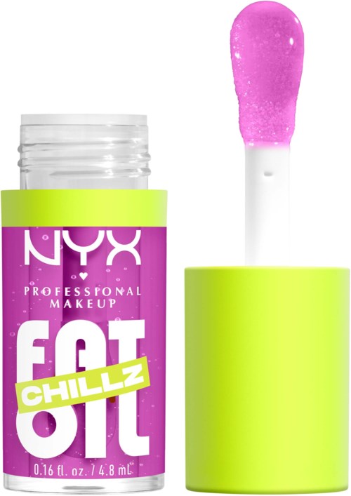 Lippenstifthülse mit pinkfarbenem Glanz und limegrünem Deckel, beschriftet 'NYX FAT OIL CHILLZ'.