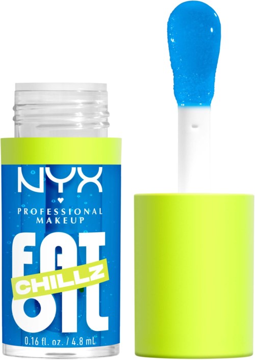 Ein kleiner blauer und weißer NYX Make-up-Behälter mit grünem Deckel und einem blauen Lipgloss-Applikator.