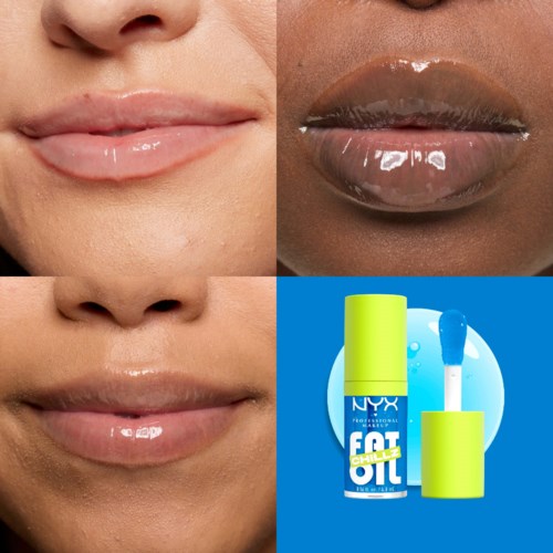 Lippen-gloss ist auf die Lippen aufgetragen, mit einer blauen und grünen Flasche und Applikator.