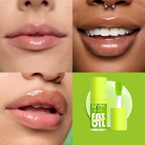 Close-up van lippen met verschillende uitdrukkingen, met een lipolieproduct in een groene fles ernaast.