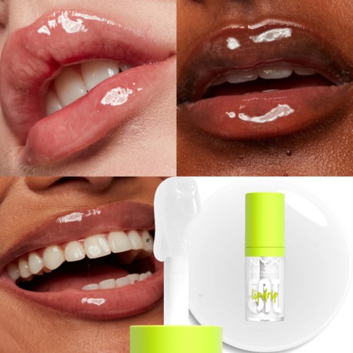 Nahaufnahme von glänzenden Lippen und einem Lipgloss-Applikator. Drei verschiedene Lippenlooks mit Glanzeffekten.
