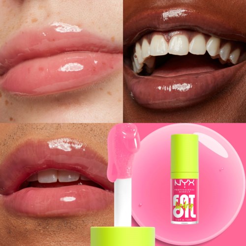 Lippen-gloss wird aufgetragen, mit lächelnden Mündern und einem Lippen-Gloss-Behälter.