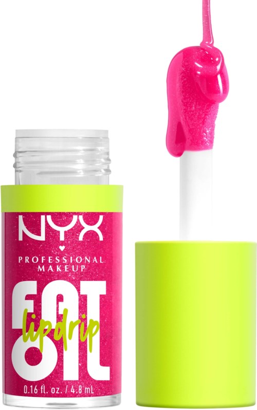 Lip gloss container with a wand, bright pink gloss, and a lime-green lid. The container is labeled 'NYX Fat Oil Lip Drip'.