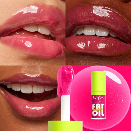 Close-up of lips with shiny pink and red lip gloss. Includes a lip gloss product and a circular lid.