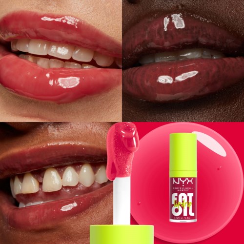 Nahaufnahme verschiedener Lippen mit Lipgloss und einem Lippenprodukt davor.