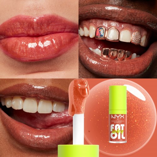 Lippen Gloss, bunten Nagellack und eine Lipglossflasche sind zu sehen, Nahaufnahme von Lippen und Zähnen.