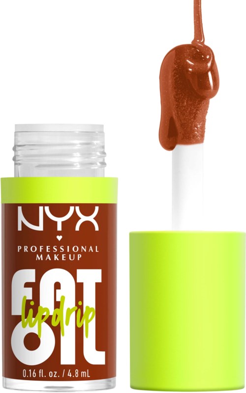 Ein Lippenstift mit braunem Farbton, weißem Deckel und Applikatorschwamm. Die Tube ist mit NYX Fat Lip Lip Drip beschriftet.