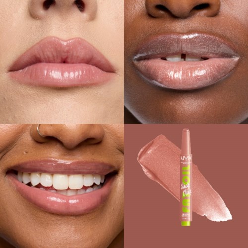 Four images show lips with different shades of lipstick and lip gloss, including a smiling person with braces.