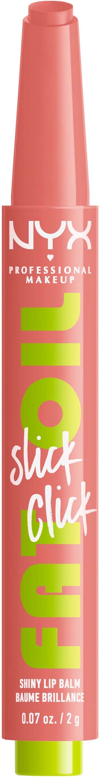 A pink NYX lip gloss with green and white text, labeled 'FASION OIL' and 'slut click' for lip shine.