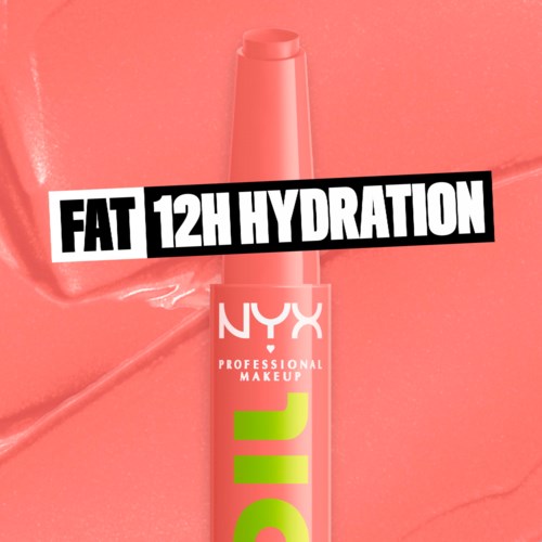 Text on a lip gloss tube promoting all-day hydration and fat absorption.
