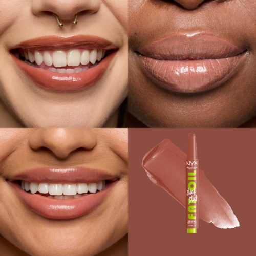 Close-up of smiling faces with different skin tones and a lip gloss product. One smile shows teeth, and lips are shiny.