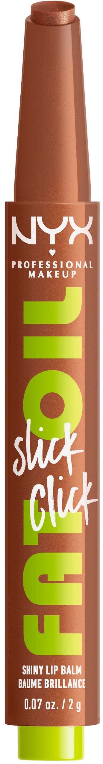 A brown lip balm tube with green and white lettering from NYX. It says 'FAR FAF Oil' and 'Slap. Click'.