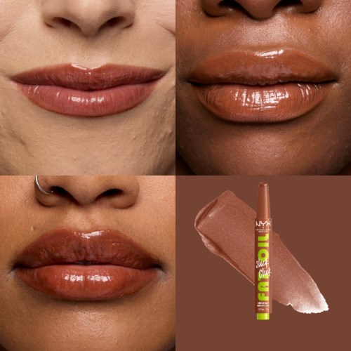 Close-up of lips before, during, and after applying NYX lip gloss, showing shiny, smooth lips in different skin tones.