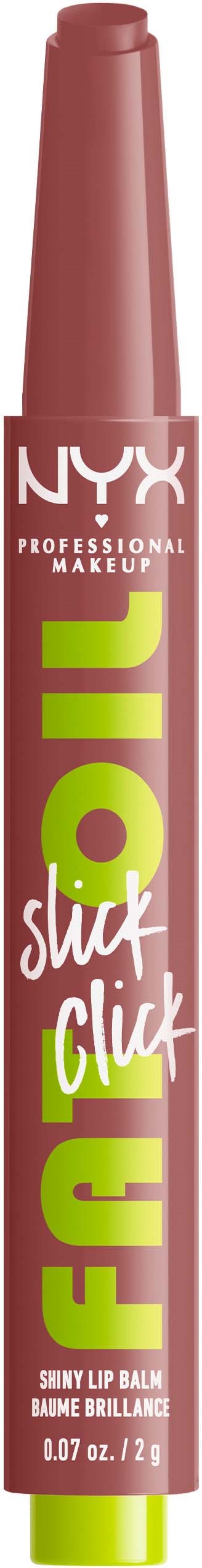 A NYX lip balm tube with pink cap and green and white text on a pink body.