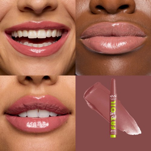 Close-up of four images showing smiling and lips with different makeup and lip gloss, plus a NYX lip gloss product.