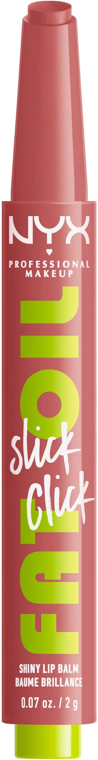 A pink marker with green and white text, advertising NYX Fat Oil Slick Click lip balm.
