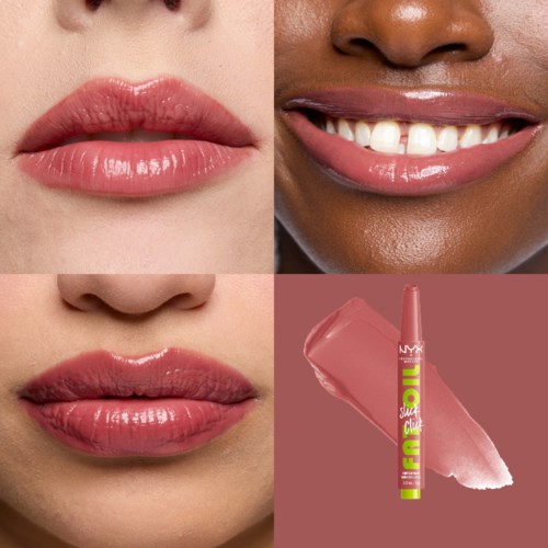 Two people show their lips with pink lipstick, one smiling and one with lips closed. Lip gloss swatch and liner included.