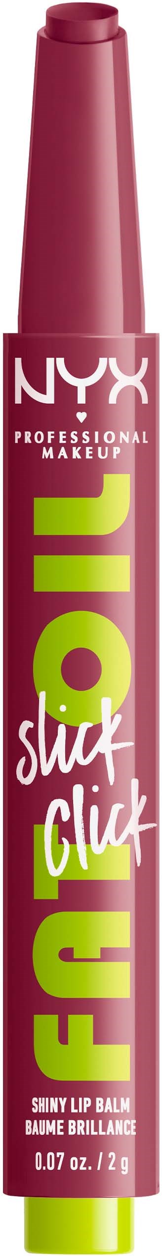 A NYX makeup lip balm stick in bright pink and green with white text labeled 'FAR FLICK'.