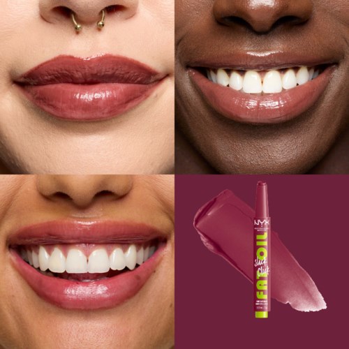Three people showing off lipstick and bright, happy smiles. One has a septum piercing. There is also a lip gloss tube.