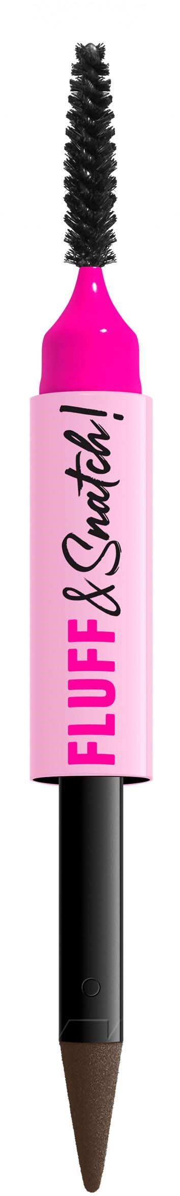 A black eyebrow pencil with a pink cap and a spooly brush on top. The pencil has a pointed tip for shaping.
