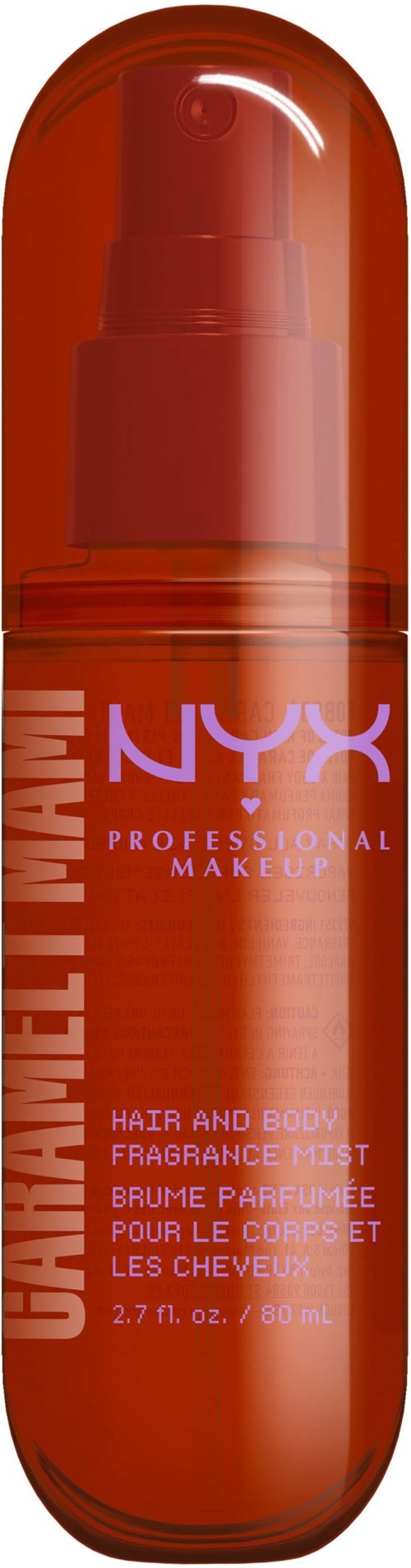 Dit is een rood sprayflesje met NYX Chocolate Waffle Warm voor haar en lichaam. Het is een geurstijg.