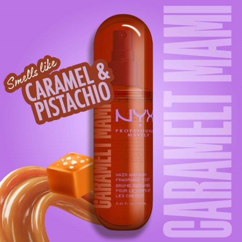 Een NYC NYX-fles met haar- en lichaamsgeur met karamel en pistachenootjes, oranje kleur en paarse achtergrond.