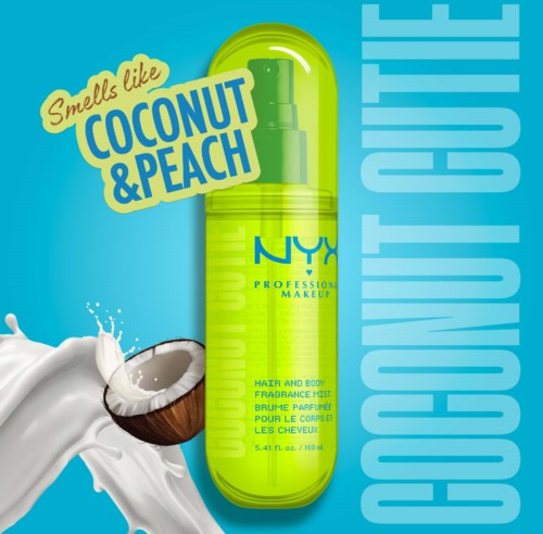 Eine leuchtend grüne Sprühflasche mit NYX Kokosnuss und Pfirsich Duft, mit Kokosnuss und Milch-Splash-Illustrationen.