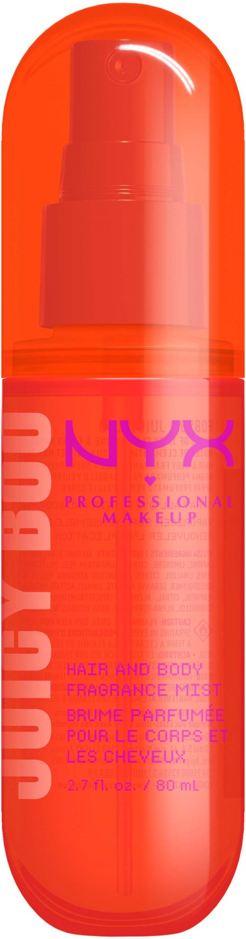 Heller orange Sprühflasche mit pinkem Text für NYX professionelle Make-up-Produkte für Körper und Gesicht.