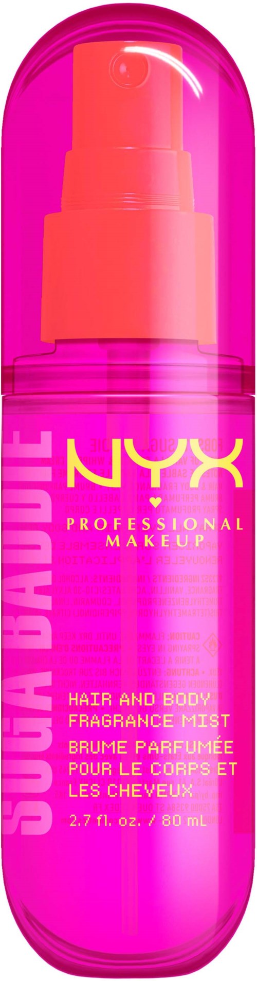 Pink bottle of NYX Sugababe hair and body spray with a pump dispenser.