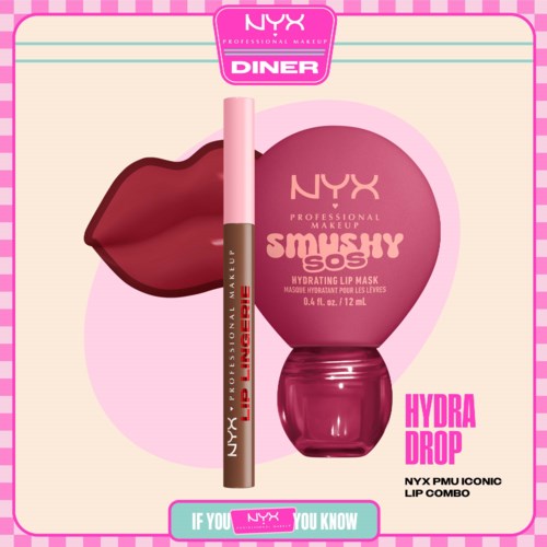 NYX Hydra Drop läppmask och en läppkritspenna med röd text på.