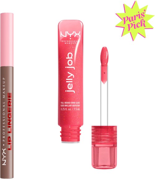 Lipglansrör märkt NYX Jelly Job med applicator och Paris pick-klistermärke.