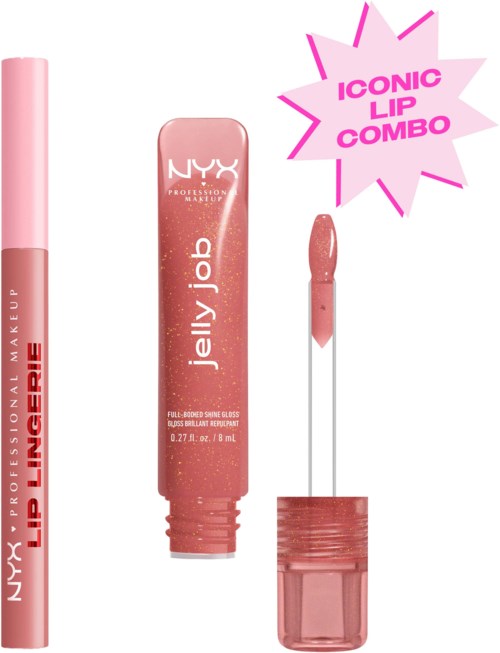 Läppglanstub och applikator med rosa gloss och etikett som visar NYX och jelly job.