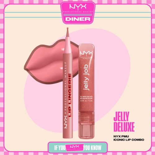 NYX Jelly Deluxe läppglansrör med applicator, placerad bredvid läppfärgprov, på rosa bakgrund med NYX-märke.