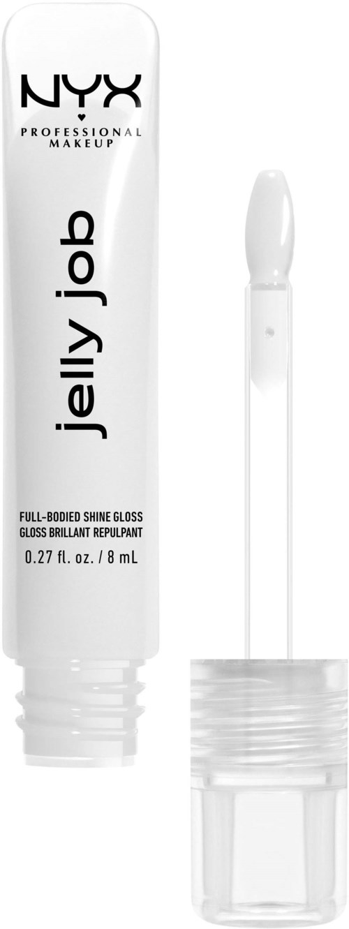 A white tube labeled NYX Jelly Job, a lip gloss, with an applicator stick beside it.