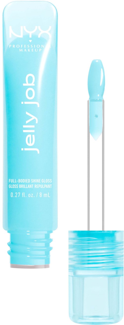 A blue NYX Jelly Job lip gloss tube with a wand applicator inside. The tube is open, showing the gloss.