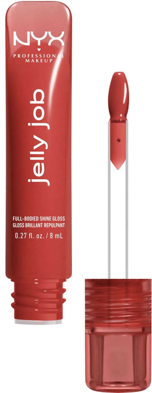 Een NYX Jelly Job lipgloss tube en kwast met roze-rode glans.