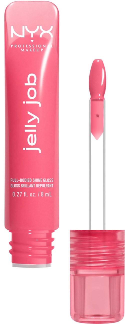 Pink tube and applicator for NYX Jelly Job lip gloss, with product and brand information on the tube.
