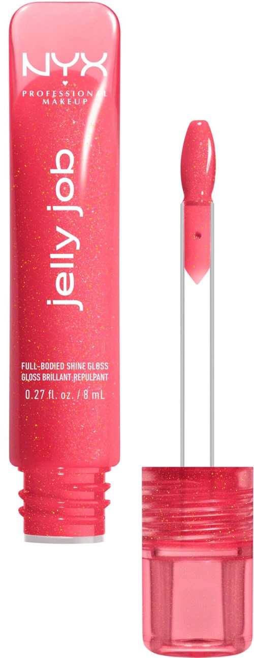 A pink lip gloss tube with a wand applicator, labeled 'NYX Jelly Job' and 'Full-bodied shine gloss'.