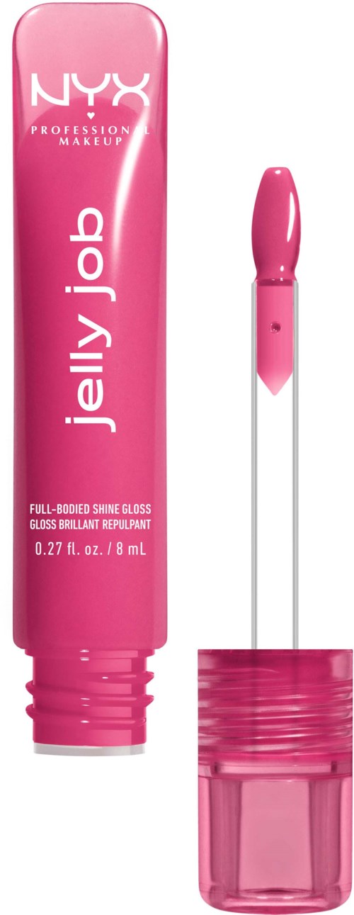 Een roze tube NYX Jelly Job glans met een applicator naast zich.