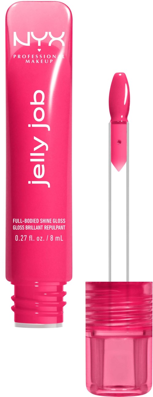 A pink NYX Jelly Job lip gloss with applicator wand and tube. The tube is open, revealing the gloss.