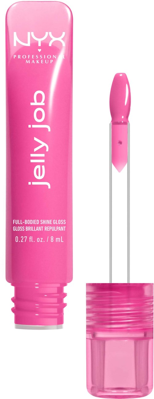 The image shows a pink tube and a lip gloss applicator with a shiny, bright appearance.