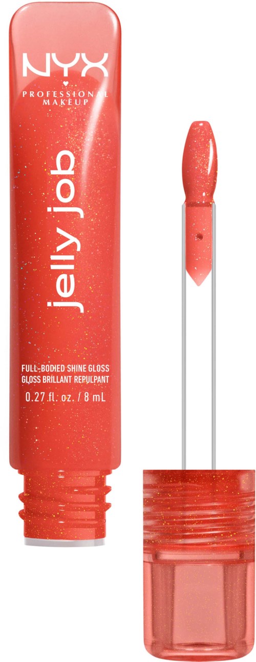 Ein korallenfarbenes NYX Jelly Job Lipglossrohr mit entsprechender Applikatorbürste, bezeichnet als vollerer Glanz.