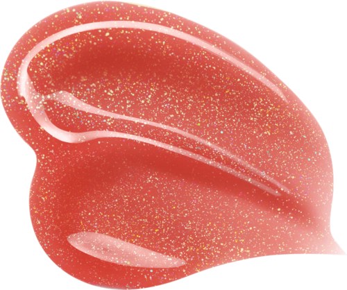 Ein glänzendes, rotes, herzförmiges Objekt mit Goldglitzer und weißen geschwungenen Linien auf der Oberfläche.