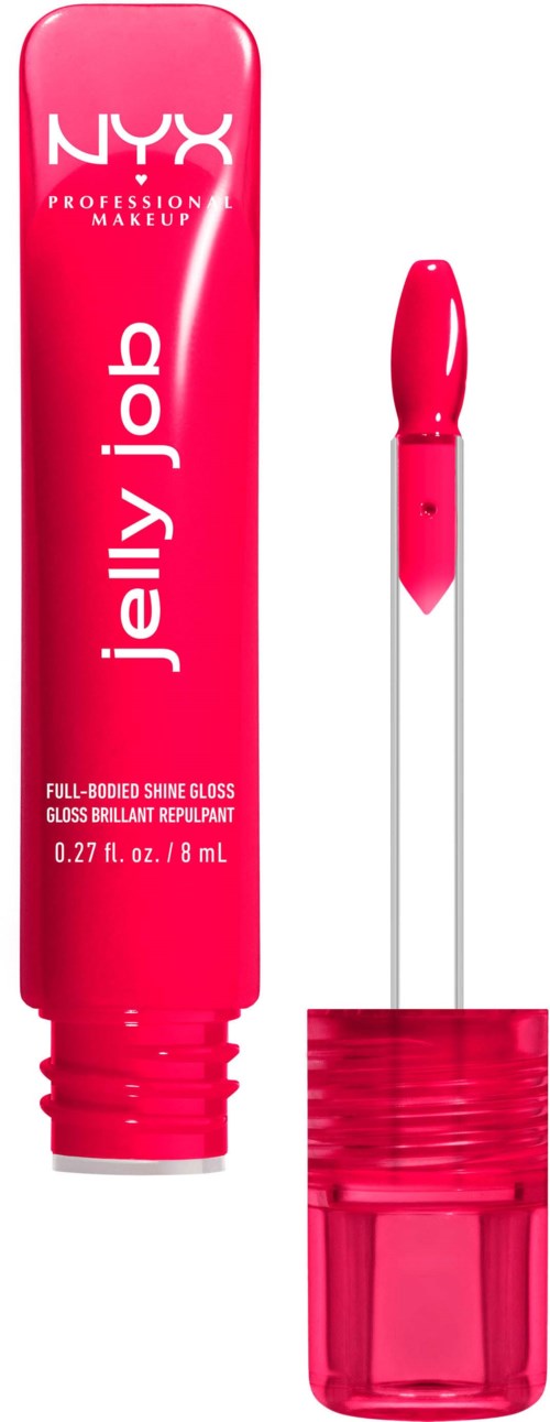A bright pink NYX lip gloss tube with a clear, partially opened applicator showing gloss.