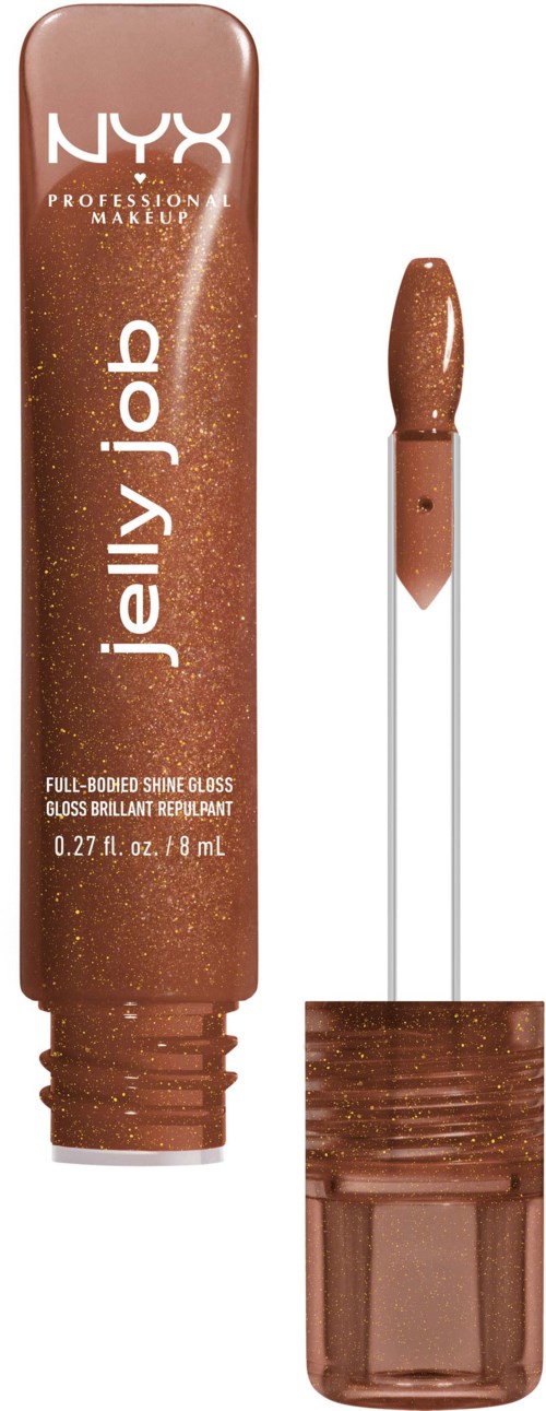 A NYX lip gloss tube with a wand applicator. The gloss is brown, sparkly, and labeled 'Jelly Job'.